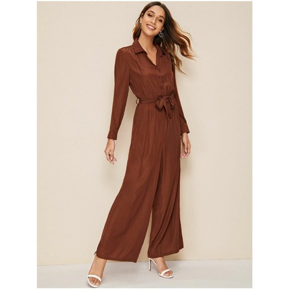 Button Front Belted Wide Leg Shirt Jumpsuit - Picture 3 of 11